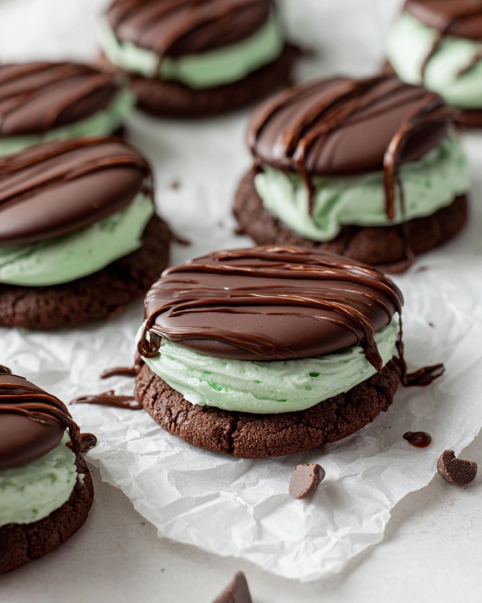 The image shows several chocolate cookies on a white marbled surface with a sheet of crumpled white paper underneath. Each cookie has three layers: the bottom layer is a dark brown, soft-looking chocolate cookie; the middle layer is a thick, smooth, light green mint cream; the top layer is a flat, round piece of dark chocolate that is smooth and shiny, with thin chocolate drizzles crossing over it. The cookies look soft and rich, with some chocolate chips and small drips of chocolate scattered around. photo taken with an iphone --ar 4:5 --v 7