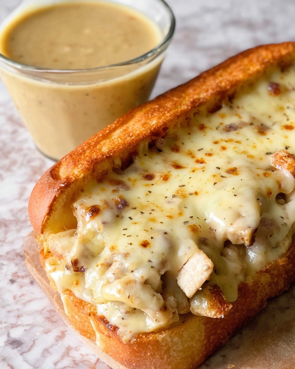 The image shows a close-up of a sandwich with three layers: a golden browned toasted bread bottom with a slightly crispy texture, topped by a layer of light beige cooked chicken pieces, and covered by a thick layer of creamy melted cheese that has small toasted golden spots and some black pepper specks. To the side of the sandwich is a clear glass bowl filled with a light brown creamy sauce with visible specks of seasoning. The sandwich and bowl rest on a white marbled texture. photo taken with an iphone --ar 4:5 --v 7