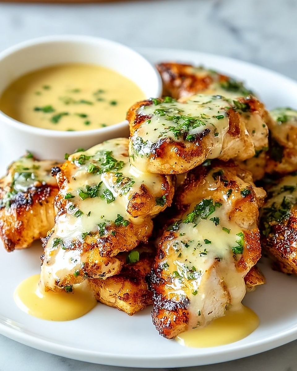 The image shows a white plate filled with several golden brown pieces of grilled chicken, each piece coated in a glossy, creamy light yellow sauce with green herb flakes scattered on top. The chicken pieces have a slightly charred texture and are stacked in a casual pile, with some sauce dripping down onto the plate. In the background, there is a small white bowl filled with extra sauce that has a smooth texture and is also sprinkled with green herbs. The plate sits on a white marbled surface, adding a clean and bright look to the image. Photo taken with an iphone --ar 4:5 --v 7