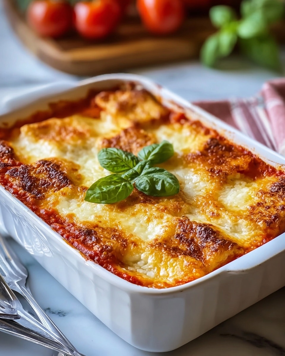 A white rectangular baking dish holds a baked dish with three visible layers: the bottom layer is a bright red tomato sauce, the middle layer is creamy melted cheese with a smooth texture, and the top layer consists of golden-brown toasted bread squares with a slightly crispy and puffy appearance. A fresh green basil leaf sits in the center on top of the bread, adding a pop of color. The dish rests on a white marbled surface with a fork and knife visible in the lower left corner and a cutting board with tomatoes and basil in the blurred background. photo taken with an iphone --ar 4:5 --v 7