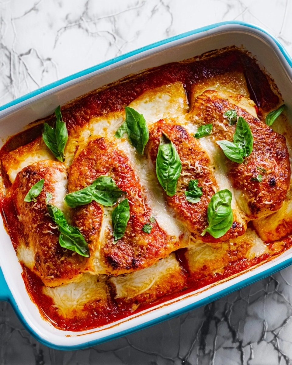 The image shows a white rectangular baking dish filled with a baked meal. Inside, there are five visible layers of folded pieces that are golden-brown with a slightly crispy texture on the edges, each covered by melted white cheese and red tomato sauce that seeps around the pieces. On top, fresh green basil leaves are scattered evenly, adding a touch of bright color. The dish is set on a white marbled surface, creating a clean and elegant background. Photo taken with an iphone --ar 4:5 --v 7