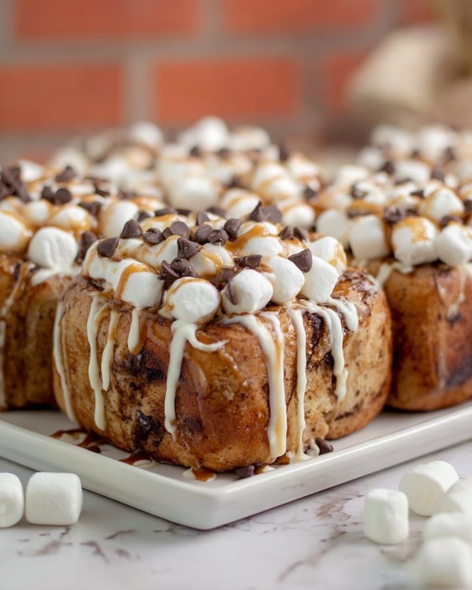 The image shows a close-up of square cinnamon rolls on a white rectangular plate, placed on a white marbled surface. Each roll has a soft, golden-brown outer layer with thick drizzles of white and caramel-colored icing flowing unevenly down the sides, creating a glossy texture. The top of every roll is densely covered with small, white marshmallows and scattered dark chocolate chips, adding a mix of textures and colors. A few extra marshmallows are visible near the plate, enhancing the cozy and sweet feel of the scene. The background is softly blurred with a warm brick pattern, keeping the focus on the rolls. photo taken with an iphone --ar 4:5 --v 7