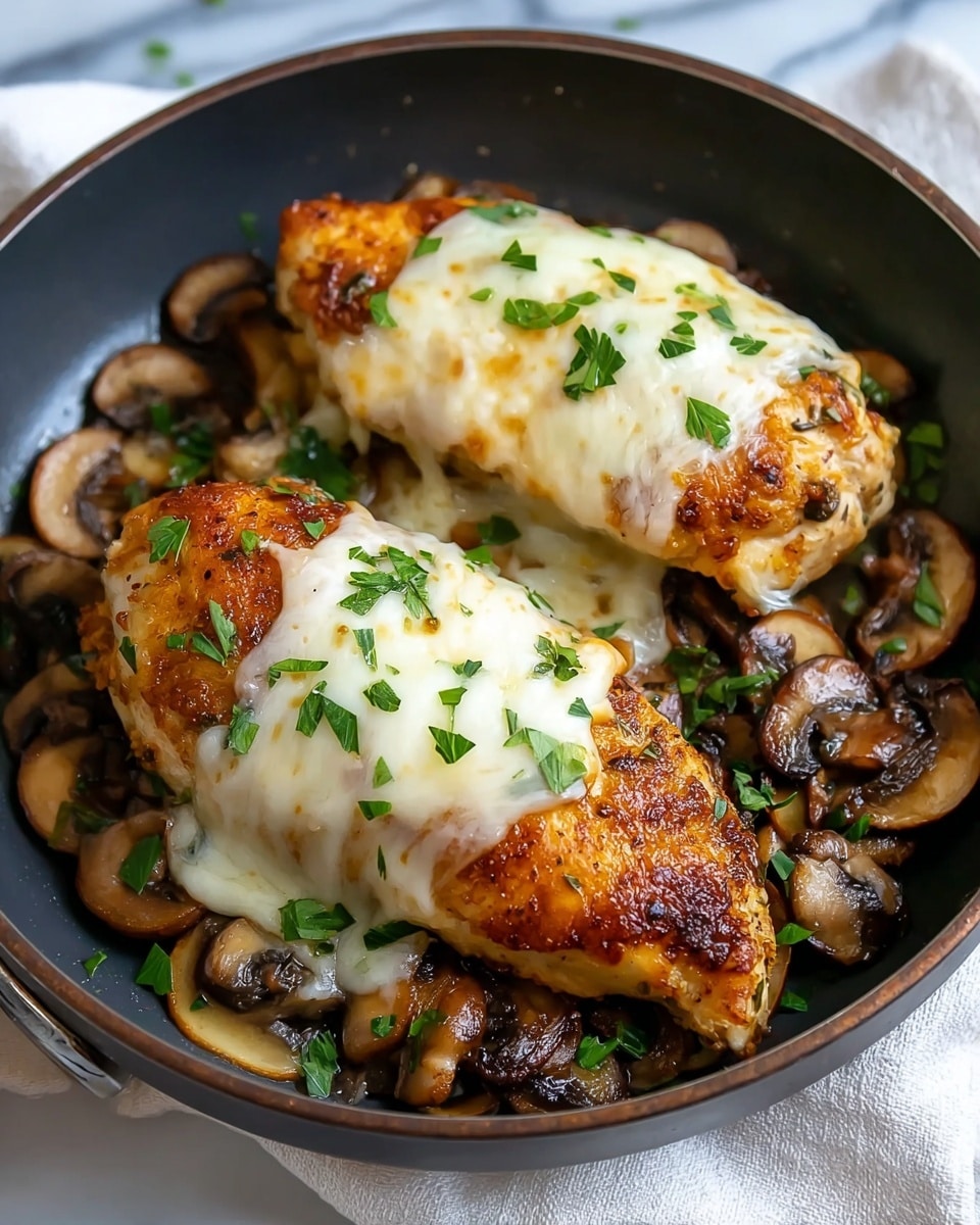 The image shows two golden brown, crispy chicken breasts on top of a layer of sautéed sliced mushrooms, all topped with melted white cheese that stretches slightly over the sides. The chicken is garnished with small pieces of chopped green herbs, adding a fresh touch. This is served in a dark pan placed on a white marbled surface with a white cloth partially underneath the pan. The colors contrast nicely with the golden chicken, creamy melted cheese, and earthy mushrooms and herbs. Photo taken with an iphone --ar 4:5 --v 7