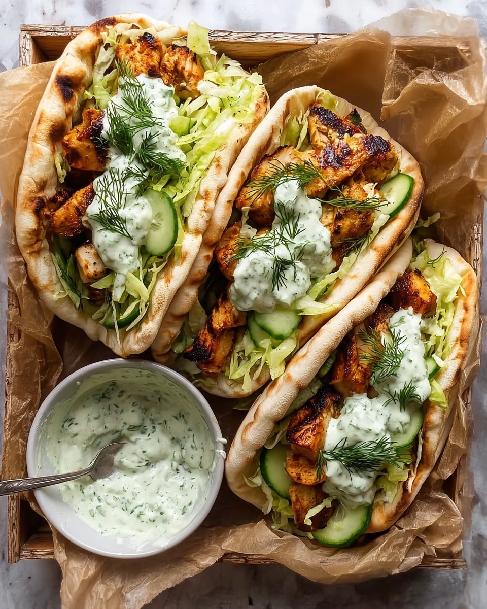 Three pita sandwiches are filled with grilled golden-brown chicken pieces layered at the bottom. On top of the chicken, there is a layer of light green shredded lettuce, thin cucumber slices, and dollops of creamy white sauce with herbs. Fresh dill sprigs are scattered on the sauce and lettuce. The pitas rest on brown paper inside a wooden box, and in front of the pitas, there is a small white bowl filled with the same creamy herb sauce with a spoon inside it. The photo is taken on a white marbled textured surface. photo taken with an iphone --ar 4:5 --v 7