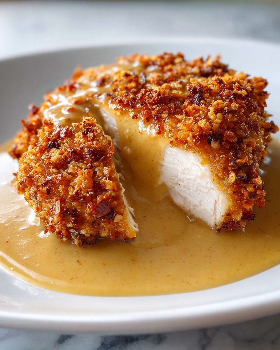 A close-up of a fried chicken breast cut to show the tender white meat inside, covered with a thick, crunchy, golden-brown crust. The chicken is topped and surrounded by a smooth, creamy, light brown gravy sauce that pools on a white plate beneath it. The crispy texture of the coating contrasts with the soft sauce, and the background is a white marbled surface. photo taken with an iphone --ar 4:5 --v 7