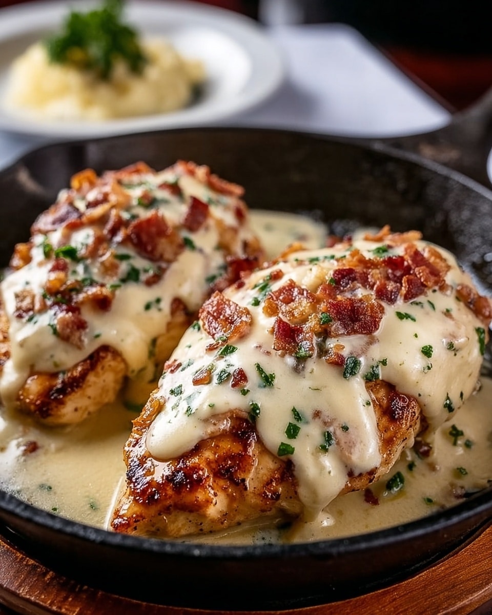 Two golden brown grilled chicken breasts are placed side by side in a black cast iron pan resting on a wooden board. Each chicken breast is covered with a creamy, thick white sauce that has small pieces of browned bacon and finely chopped green herbs sprinkled evenly over the top. The sauce slightly drips over the edges of the chicken, creating a rich, smooth texture. The background shows a soft focus of a white plate with a light-colored side dish on a white marbled surface. Warm, soft lighting highlights the juicy and tender look of the dish. Photo taken with an iphone --ar 4:5 --v 7