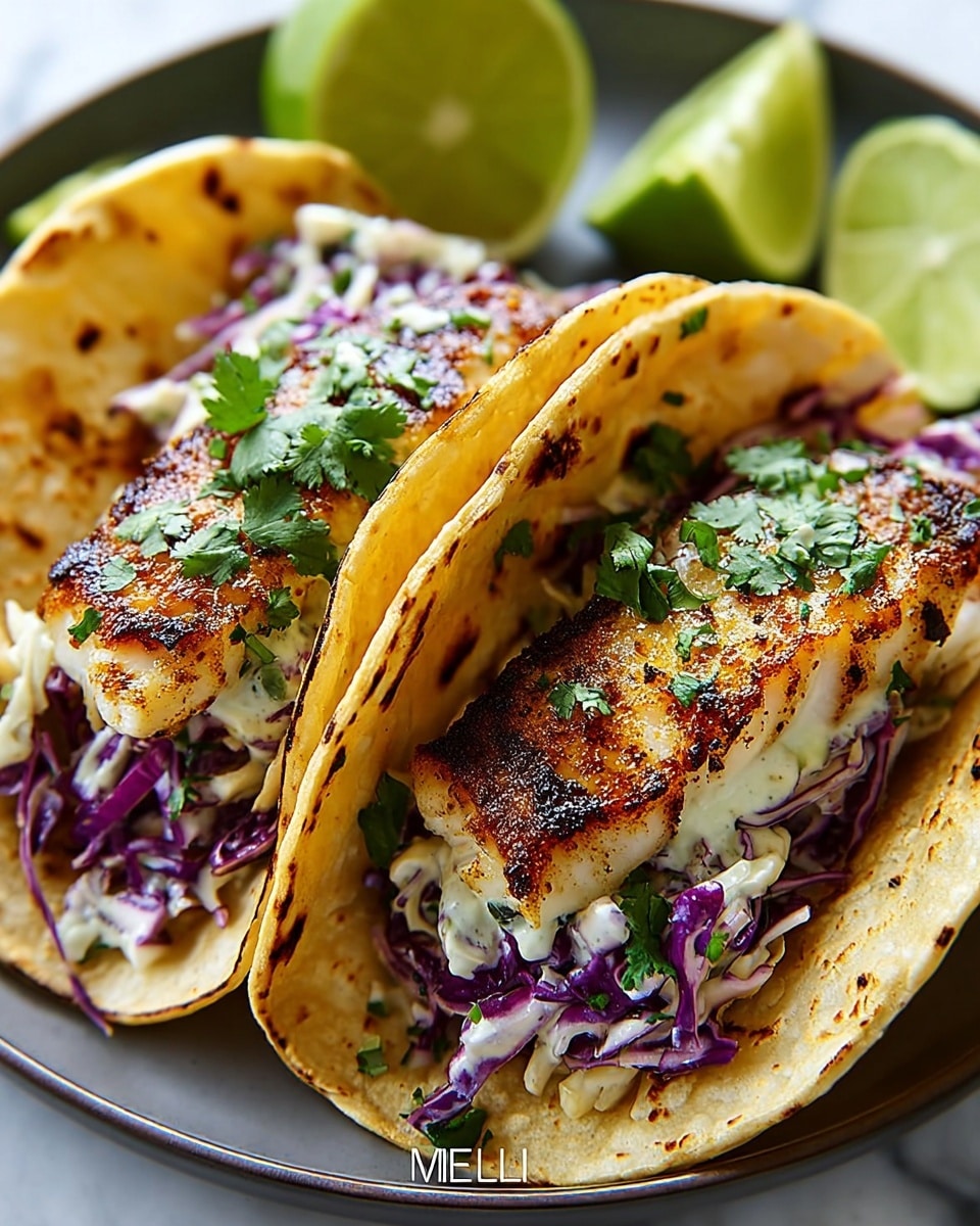 Two grilled fish tacos sit on a white plate with a white marbled texture surface in the background. Each taco has three layers: the bottom layer is a soft, lightly toasted tortilla with golden brown spots, the middle layer is shredded purple cabbage mixed with small bits of creamy sauce, and the top layer is a thick piece of grilled fish with crispy, golden grill marks and a sprinkle of fresh green cilantro on top. To the side, there are halved green limes adding a fresh, juicy touch. photo taken with an iphone --ar 4:5 --v 7