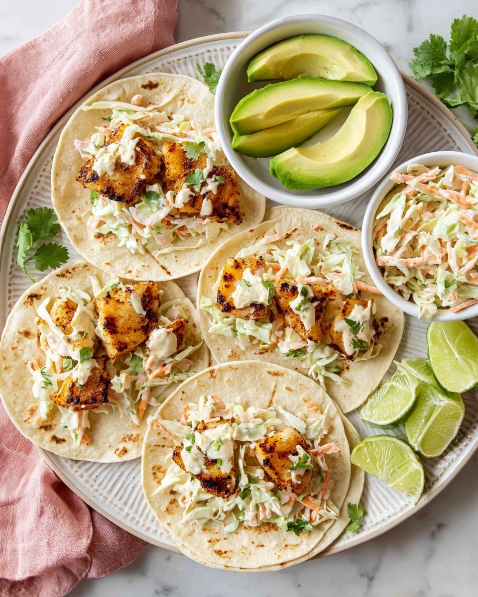 A round plate with a light textured pattern holds five soft white corn tortillas arranged in a loose circle. Each tortilla is topped with a layer of golden brown grilled fish pieces showing crispy edges, followed by a layer of creamy white coleslaw with thin carrot and cabbage shreds, and sprinkled with small green cilantro leaves. In the center of the plate, a white bowl is filled with green avocado slices, and next to it is a smaller white bowl containing extra coleslaw. At the front of the plate, bright green lime wedges with shiny skins are placed on the white marbled surface, along with scattered cilantro leaves. A soft pink cloth is partly visible on the left side. Photo taken with an iphone --ar 4:5 --v 7