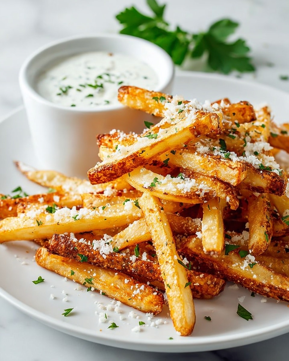 A white plate holds a pile of golden-brown fries stacked unevenly, each fry showing a lightly crispy texture with some edges slightly darker. The fries are sprinkled with finely grated white cheese and green parsley leaves scattered on top and around them. In the background on a white marbled surface, there is a white cup filled with a creamy white sauce with green herb bits visible on its surface. The scene has a soft focus on the sauce with the fries clear and detailed in the front. Photo taken with an iphone --ar 4:5 --v 7