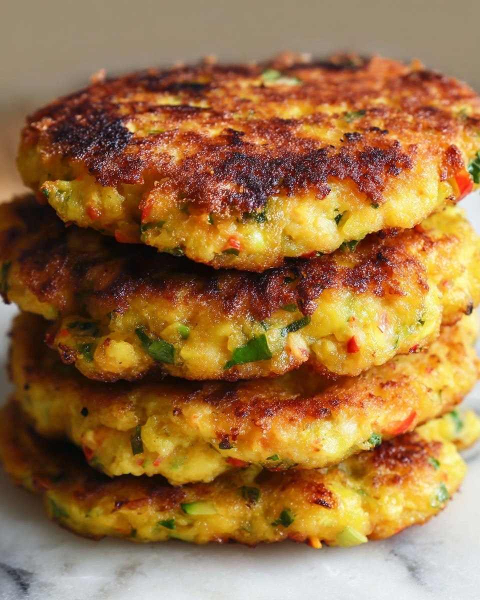 A close-up view of a stack of five thick patties on a white marbled surface, each patty showing a golden brown crispy top layer with uneven charred spots, indicating a crunchy texture. The patties have a yellow base with visible green herb pieces and small red bits scattered throughout, suggesting vegetables mixed inside. The edges are slightly uneven and fluffy, with each patty layered directly on top of the other, showing variation in browning from dark brown to light yellow on the sides. photo taken with an iphone --ar 4:5 --v 7