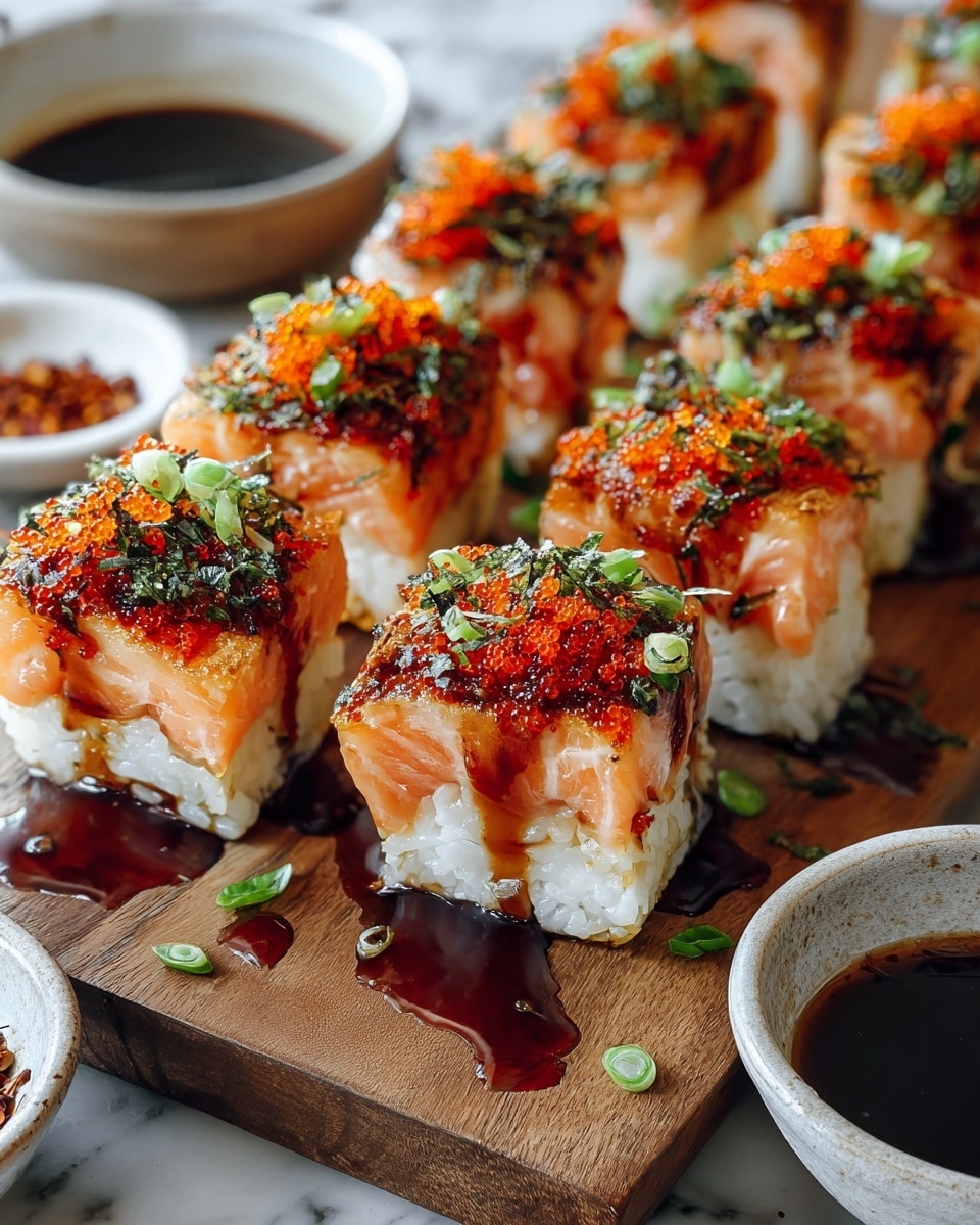 The image shows several square pieces of sushi arranged closely on a wooden board. Each piece has three clear layers: the bottom layer is white sticky rice, the middle layer is thick, light pink salmon, and the top has a mix of bright orange fish roe, finely chopped green onions, and various seaweed bits. A dark brown, glossy sauce is drizzled on top of each sushi piece and some of it pools on the board beneath. The background has small white bowls, one filled with dark soy sauce and another with reddish spice flakes, placed on a white marbled surface. photo taken with an iphone --ar 4:5 --v 7