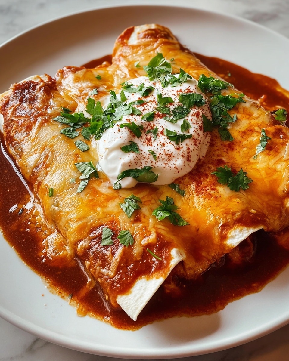 Two enchiladas lie side by side on a white plate on a white marbled surface, each covered in thick, melted cheese that is golden and slightly browned with a smooth, creamy texture. Below the cheese is a rich, red-brown sauce that pools around the enchiladas, giving a moist and glossy look. On top, a dollop of white sour cream sits in the middle, sprinkled with finely chopped fresh green cilantro leaves and a light dusting of reddish-brown chili powder. The edges of the tortillas are soft and slightly wrinkled, showing hints of the sauce inside. photo taken with an iphone --ar 4:5 --v 7