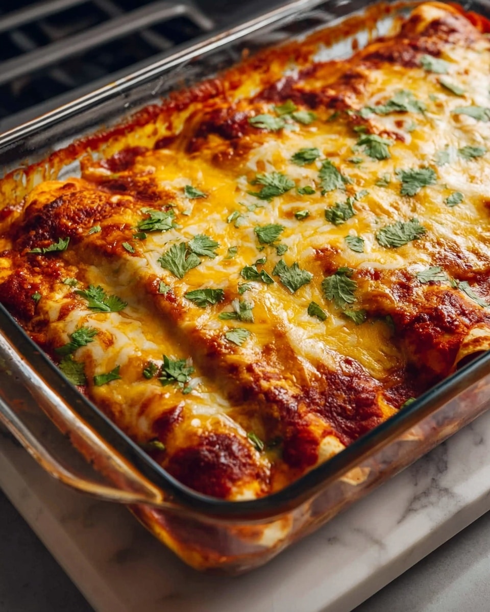 A close-up view of a baked dish in a clear glass rectangular baking dish, filled with three to four layers of rolled tortillas covered in rich red tomato sauce, topped with a layer of melted golden-yellow cheese with some brown spots from baking, and sprinkled with fresh green cilantro leaves evenly scattered over the surface. The baking dish is placed on a white marbled tray inside an oven. The edges of the tortillas are slightly browned and crispy, with sauce bubbling around them. Photo taken with an iphone --ar 4:5 --v 7