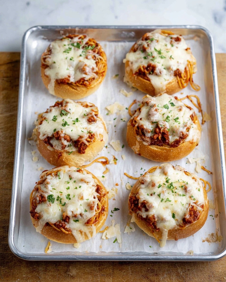 Six small round bread pieces form the base, each hollowed out and filled with a layer of reddish-brown spaghetti mixed with meat sauce. On top of the spaghetti layer, there is a melted white cheese layer, slightly bubbling and sprinkled with small green herb flakes. The bread looks golden brown and slightly crispy on the edges. All six are neatly placed on a silver baking tray lined with white parchment paper, with some scattered bits of sauce and herbs around them. The background surface is a white marbled texture. photo taken with an iphone --ar 4:5 --v 7