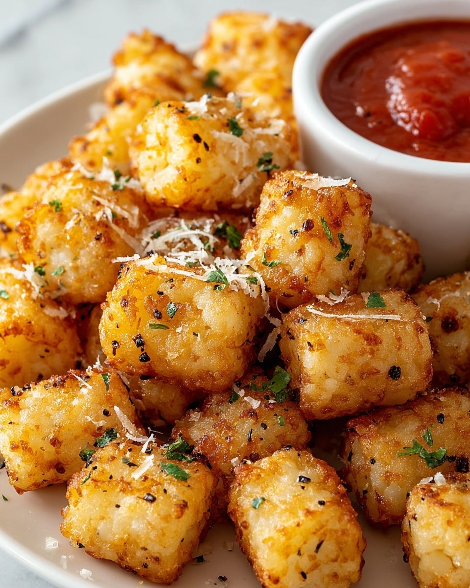 A close-up of a white plate filled with golden-brown, crispy, cube-shaped tater tots, each piece textured with small black pepper and herb specks. They are sprinkled with grated Parmesan cheese and tiny green parsley flakes. In the top right corner of the plate, a white bowl contains a smooth red dipping sauce, also garnished lightly with green herbs. The whole scene rests on a white marbled surface. photo taken with an iphone --ar 4:5 --v 7