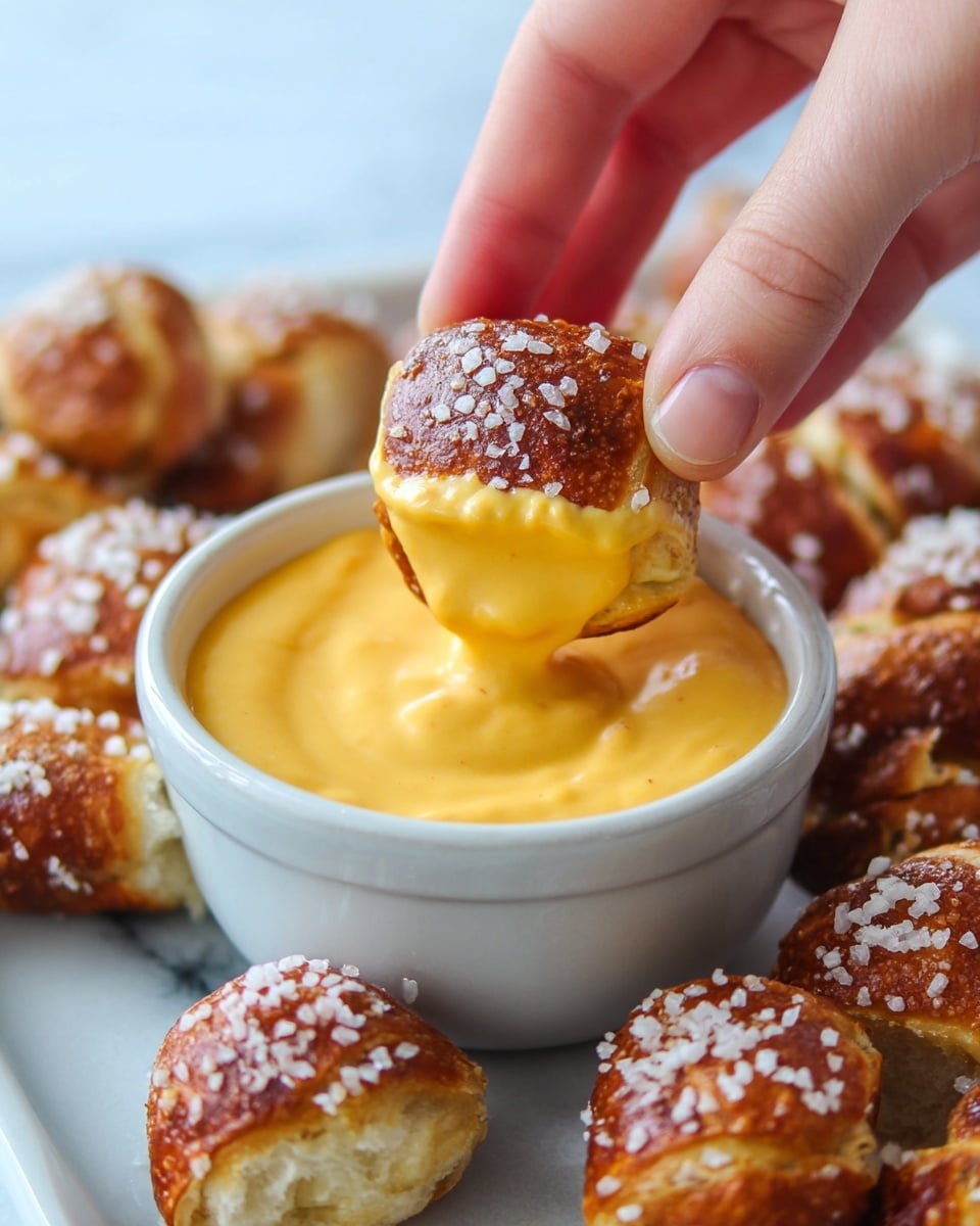 A woman's hand is dipping a small, golden-brown pretzel bite topped with coarse salt crystals into a small white bowl filled with thick, creamy orange cheese sauce. Around the bowl, there are more pretzel bites scattered on a white marbled surface, showing a soft, light yellow interior with a slightly crispy, salted exterior. The cheese sauce looks smooth and shiny, contrasting with the textured pretzels. Photo taken with an iphone --ar 4:5 --v 7
