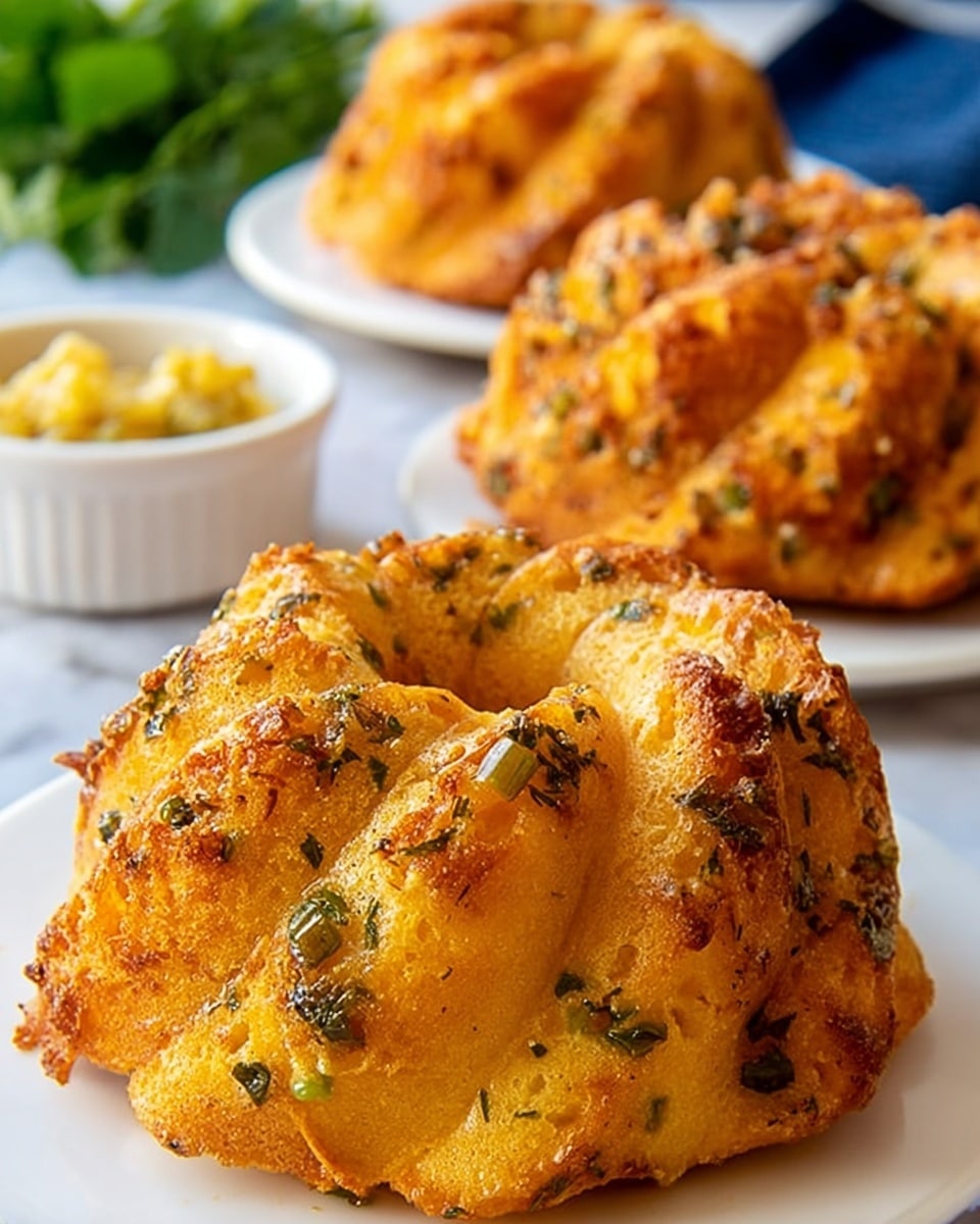 The image shows a close-up of a golden-brown mini bundt cake with a rough texture, visible herbs and small green pieces mixed throughout the outer layer, giving it a savory look. The bundt cake is thick and has deep ridges running down its sides, creating a patterned shape. In the background, two more similar bundt cakes sit on white plates, slightly blurred. A white bowl with a yellow side dish is faintly visible to the left on a white marbled surface, and fresh green leaves peek behind the plates, adding a touch of color. The overall lighting is soft and natural, highlighting the crispy texture of the cakes. photo taken with an iphone --ar 4:5 --v 7
