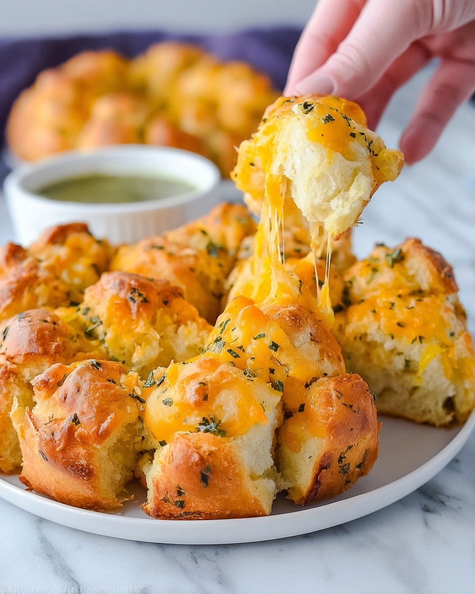 The image shows golden brown cheese bread balls clustered together in a pull-apart style, each piece topped with melted orange-yellow cheddar cheese and sprinkled with green herbs. The bread texture looks soft and fluffy inside, with slightly crispy edges. A woman's hand is pulling apart the bread cluster to reveal the stretchy melted cheese between pieces. In the background, there is a small white bowl filled with green dip and another similar cluster of bread slightly out of focus. Everything is placed on a white plate with a white marbled surface behind. Photo taken with an iphone --ar 4:5 --v 7