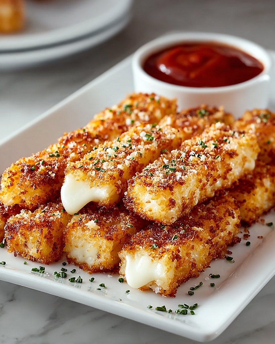 The image shows four long, rectangular cheese breadsticks arranged side by side on a white rectangular plate. Each breadstick has two main layers: a thick golden-brown baked dough base that looks soft inside with a slightly crispy crust, and a melted cheese topping layer that is creamy white with browned bubbly spots, sprinkled with green herbs. Behind the breadsticks, there are two small white cups filled with red dipping sauce. The plate sits on a white marbled surface. photo taken with an iphone --ar 4:5 --v 7