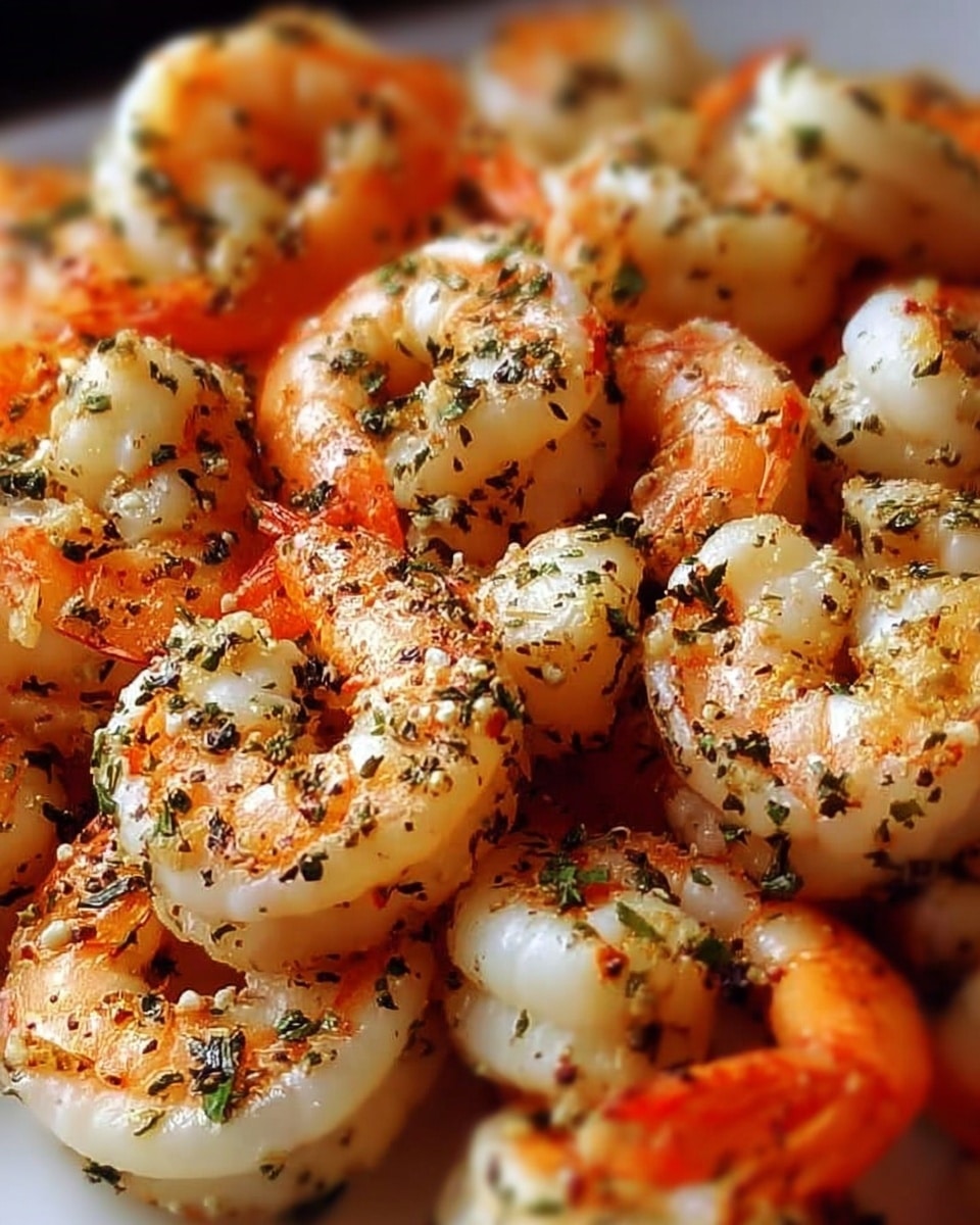 A close-up view of cooked shrimp piled tightly together, each shrimp showing a curled shape with white and orange colors. The shrimp are sprinkled with dark green herbs and black peppery spices, giving a rough texture on their surface. The shrimp’s outer edges have a slightly grilled look with browning spots. Photo taken with an iphone --ar 4:5 --v 7