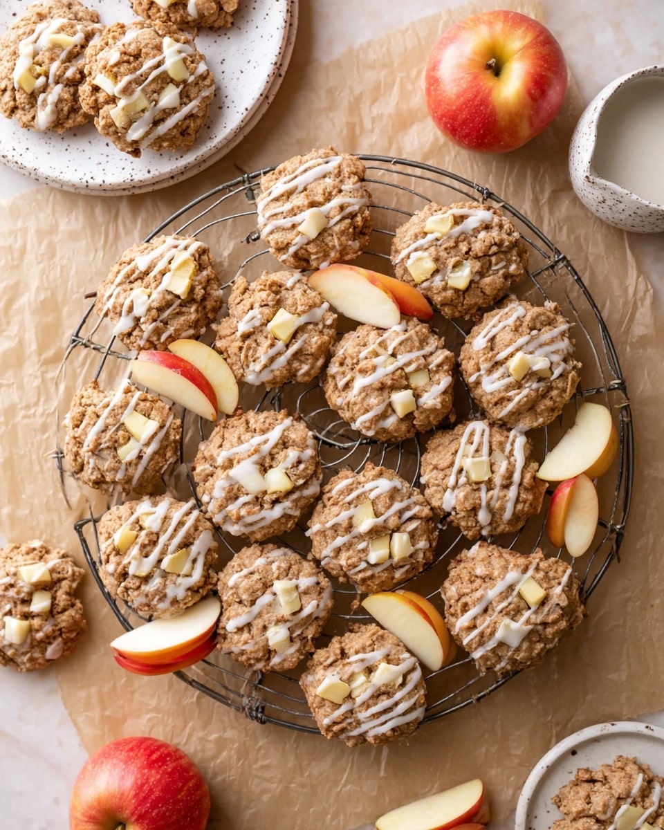 A round metal cooling rack is filled with about 20 oatmeal cookies, each topped with small chunks of pale yellow apple and drizzled with white icing in thin lines. The cookies have a rough, textured surface with a light brown color. Around the rack are several thin red and yellow apple slices placed for decoration. To the top right, there is a white speckled bowl with milk, and above it, a white speckled small plate holding a red apple. In the top left corner, a white speckled plate holds three more oatmeal cookies with apple chunks. The whole scene sits on a brown paper sheet over a white marbled surface. photo taken with an iphone --ar 4:5 --v 7