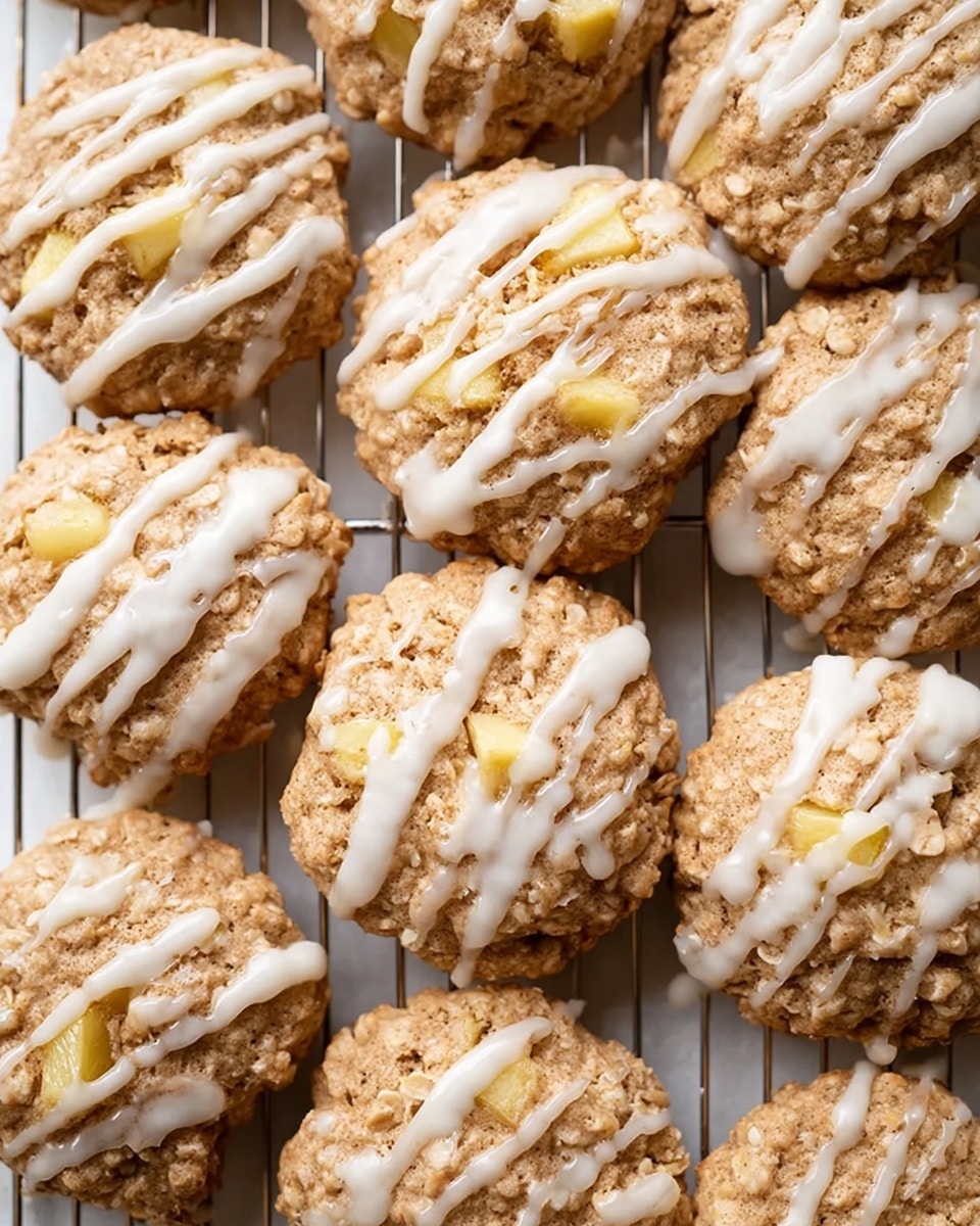 The image shows several round cookies on a silver cooling rack placed on a white marbled surface. Each cookie is light brown with a rough, crumbly texture and small pieces of yellow apple embedded inside. They are drizzled with white icing in thin, irregular lines, some icing dripping down the sides, creating a glossy contrast against the matte cookie base. The cookies are closely packed, showing their thick, slightly chunky form with uneven edges. Photo taken with an iphone --ar 4:5 --v 7