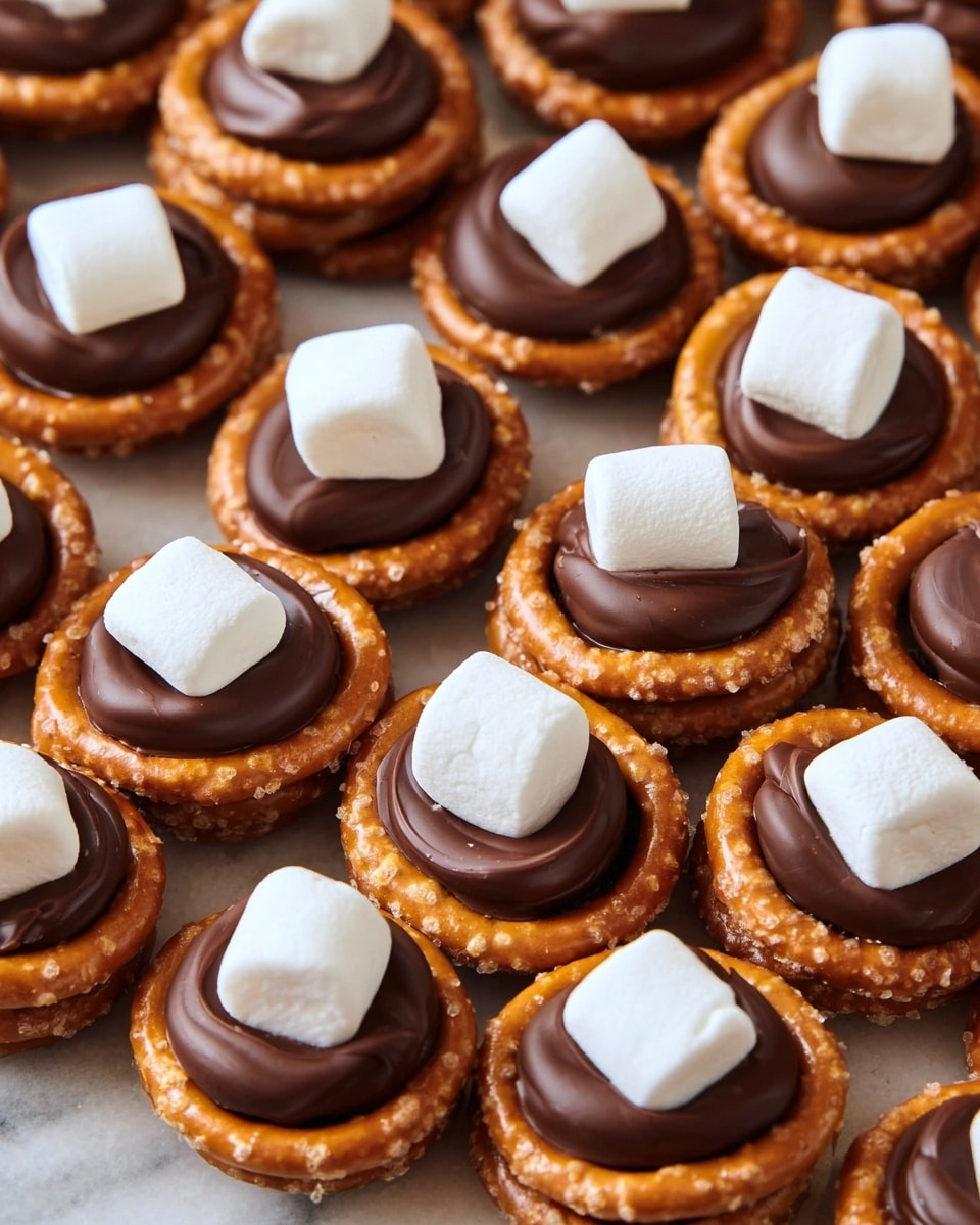 This image shows many small treats stacked close together. Each treat has three layers: a round pretzel base that is golden brown with visible salt crystals, a dark chocolate layer sitting neatly on top of the pretzel, smooth and shiny, and a white mini marshmallow placed in the center on top of the chocolate, soft and slightly squared. The treats fill the entire frame and sit on a white marbled surface, creating a warm and tasty look. photo taken with an iphone --ar 4:5 --v 7