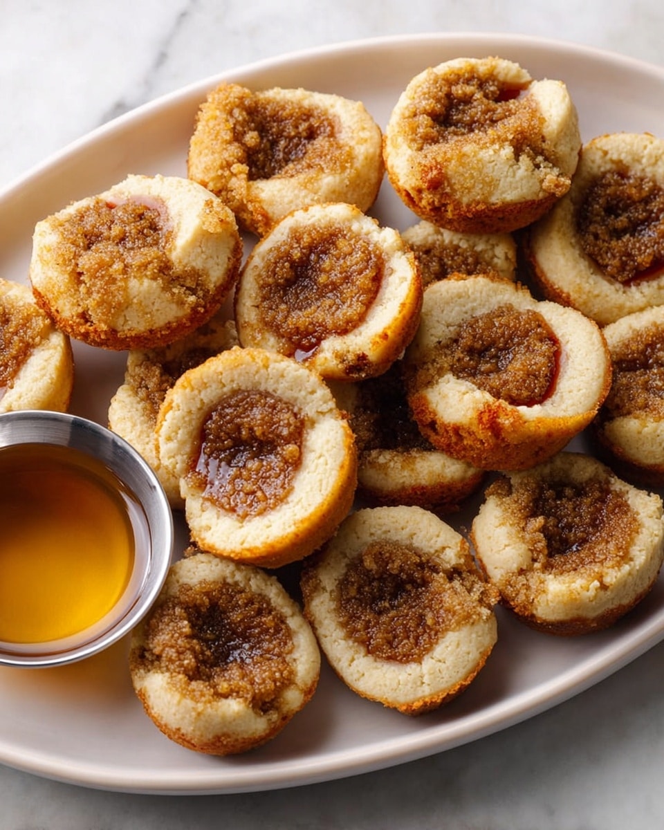 The image shows a white oval plate filled with small round cakes that have a golden-brown crumbly topping in the center. Each cake has a thick light beige base layer with a rough-textured topping slightly sunken into the cake, which is darker brown and crumbly. The cakes are arranged closely together, some facing top up while others show the rough sides. To the side on the plate is a small round metal bowl filled with a clear golden syrup. The whole set sits on a white marbled surface. photo taken with an iphone --ar 4:5 --v 7