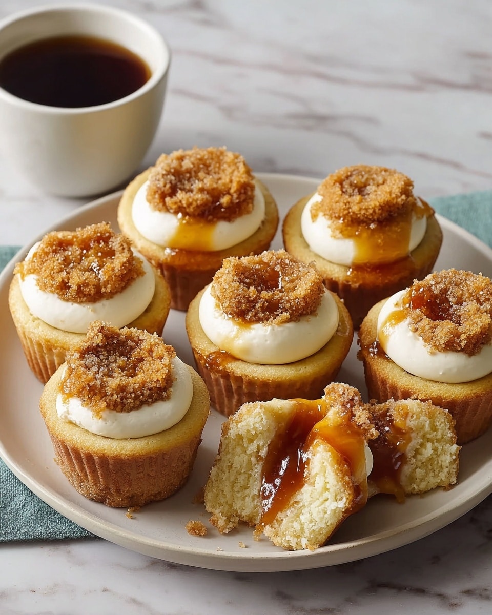 A round plate holds seven cupcakes arranged in a circle, each cupcake has three visible layers: a light golden-brown base, a thick white creamy layer in the middle, and a small round golden-brown crumbly topping. Two of the cupcakes have their tops cut open, revealing a glossy amber syrup inside the base layer, with pieces of the crumbly topping resting on the creamy layer. The surface beneath the plate is a white marbled texture, and a white cup filled with dark brown liquid is visible in the background. photo taken with an iphone --ar 4:5 --v 7
