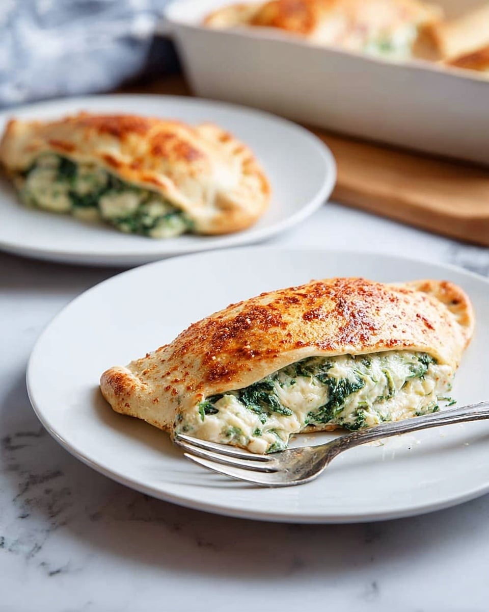 The image shows two white plates, each holding one calzone. Each calzone has a folded golden-brown crust with a slightly crispy texture on top, sprinkled with reddish seasoning. Inside, there is a thick layer of creamy white and green filling, likely spinach mixed with cheese. The calzones look soft and slightly puffy where the crust wraps around the filling. One plate is in the foreground with a silver fork resting beside the calzone, and the other plate is in the background. The setting includes a white marbled surface and part of a white baking dish with more calzones is visible in the background. Photo taken with an iphone --ar 4:5 --v 7