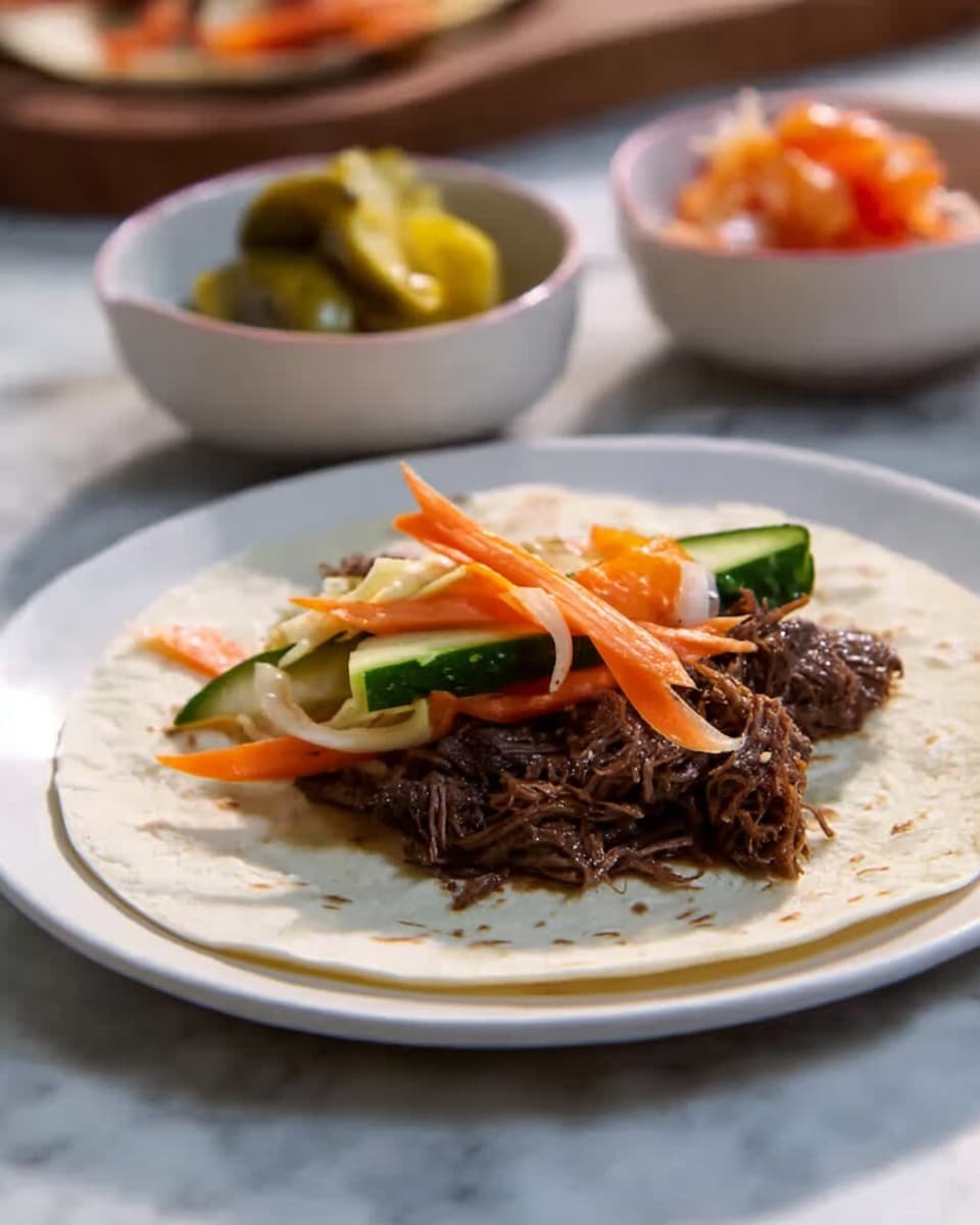 A white tortilla is laid flat on a white plate, topped with shredded dark brown beef as the first layer. On top of the beef, there are several thin slices of bright orange carrot, light orange pickled onions, and a chunk of green cucumber placed diagonally. In the background, two white bowls contain small bites of pickled vegetables, with the scene set on a white marbled textured surface. Photo taken with an iphone --ar 4:5 --v 7