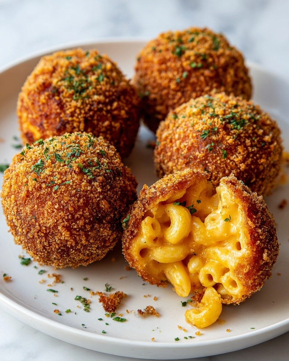 The image shows five round fried balls arranged on a white plate over a white marbled surface. Four balls are whole, with a crispy golden brown outer layer featuring a coarse bread crumb texture with small green herb flecks. One ball is split open in the front center, revealing a creamy, yellow-orange layer of cheesy mac and cheese filling inside with visible small pasta tubes and melted cheese strands stretching slightly. The whole scene has warm, inviting colors and a close-up view, emphasizing the crunchy outside and gooey inside of the dish. Photo taken with an iphone --ar 4:5 --v 7