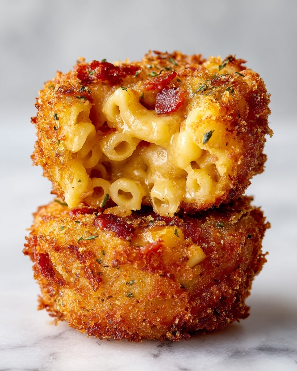 Two stacked fried macaroni and cheese bites are shown against a white marbled surface. Each bite has a crispy, golden-brown crust with a rough texture and some herbs visible on the surface. Inside, the macaroni pasta is a creamy yellow color, soaked in melted cheese that looks gooey and smooth, with small bits of red, possibly bacon or ham, mixed in. The top bite is slightly broken, revealing the stretchy cheese inside. photo taken with an iphone --ar 4:5 --v 7