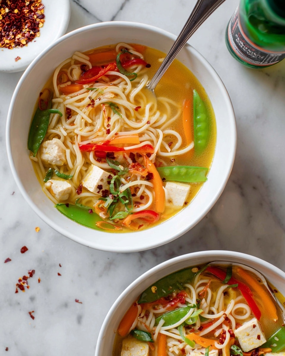 Two white bowls filled with noodle soup sit on a white marbled surface. Each bowl contains light yellow broth, topped with a layer of thin, curved white noodles. On top of the noodles are chunks of white tofu cubes, bright green snap peas, thin orange carrot ribbons, and slices of red bell pepper, adding vibrant colors. Small red chili flakes are sprinkled over the dish for extra texture. One bowl has a silver spoon resting inside, partially submerged in the broth. A white dish filled with more chili flakes is partially visible on the left edge, and a bottle with a green cap sits on the right. Photo taken with an iphone --ar 4:5 --v 7