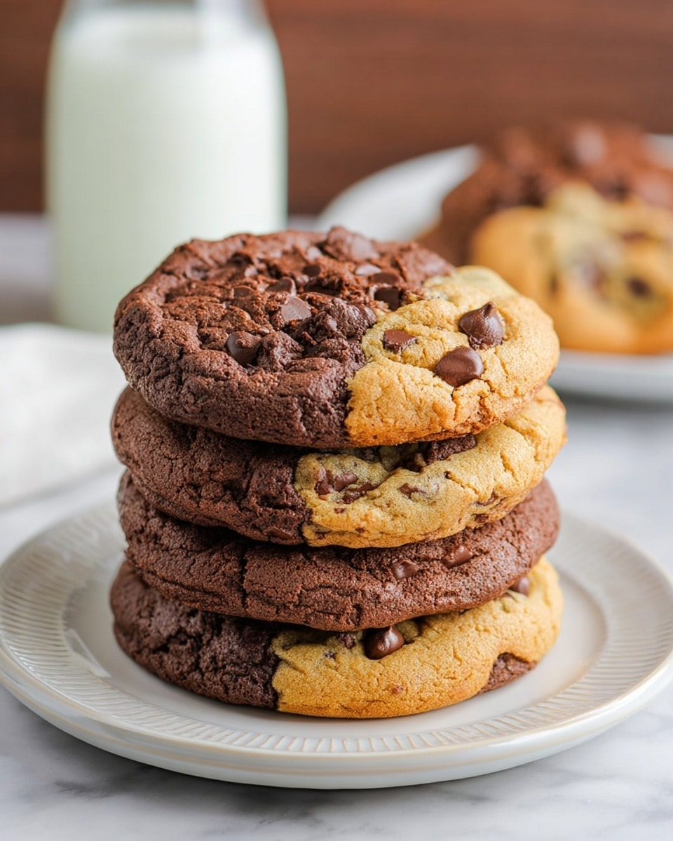 A stack of four large, thick cookies sits on a white plate with a textured rim, placed on another plain white plate over a white marbled surface. Each cookie shows a mix of two colors: one half is dark brown and the other half is light golden brown. The cookies are soft and chunky with visible chocolate chips scattered on top, especially on the darker half. The top cookie has a slightly crumbly texture on the darker side and a slightly crispy look on the lighter side. In the blurred background, a clear glass bottle filled with milk and a white jar can be seen, enhancing the cozy feel of the scene. Photo taken with an iphone --ar 4:5 --v 7