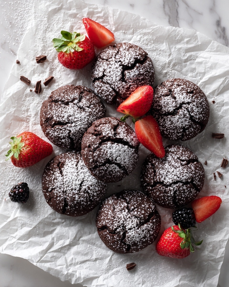 Six round, dark chocolate cookies are laid out on crumpled white parchment paper, each topped with a light dusting of white powdered sugar that contrasts with the deep brown texture of the cookies. Around the cookies, bright red halved strawberries with green caps and a few blackberries add pops of color, while small chocolate shavings are scattered on the paper, enhancing the visual appeal. The scene is set on a white marbled surface, giving a clean and elegant background. photo taken with an iphone --ar 4:5 --v 7
