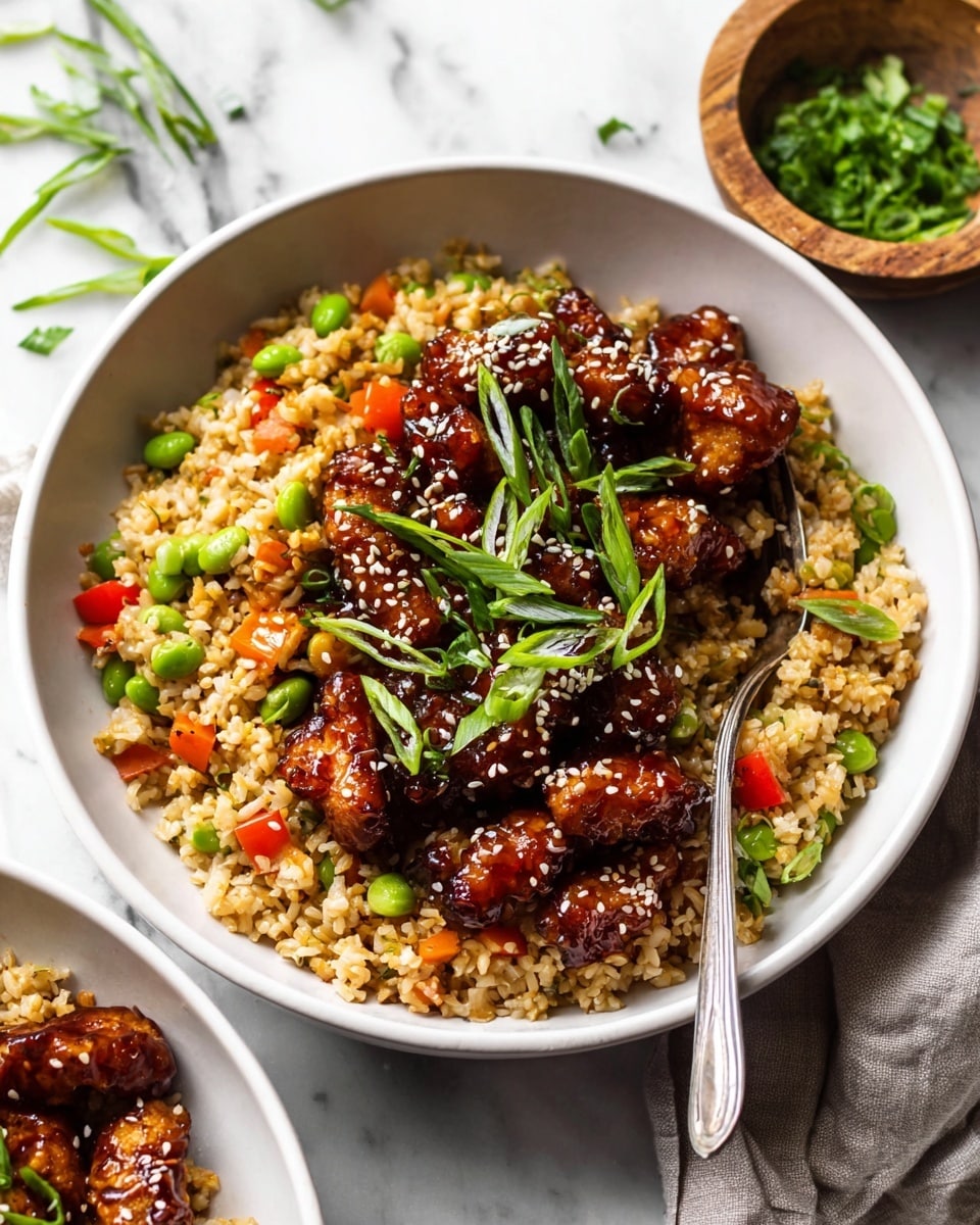 A white bowl filled with a base layer of light brown fried rice that contains small pieces of green edamame, red bell pepper, and orange carrot. On top, there are glistening dark brown sticky chicken pieces sprinkled with white sesame seeds. Green thinly sliced scallions sit over the chicken adding a fresh touch. A silver fork rests inside the bowl on the right side. The bowl is placed on a white marbled surface with some green onions and a small wooden bowl of green herbs nearby. Photo taken with an iphone --ar 4:5 --v 7