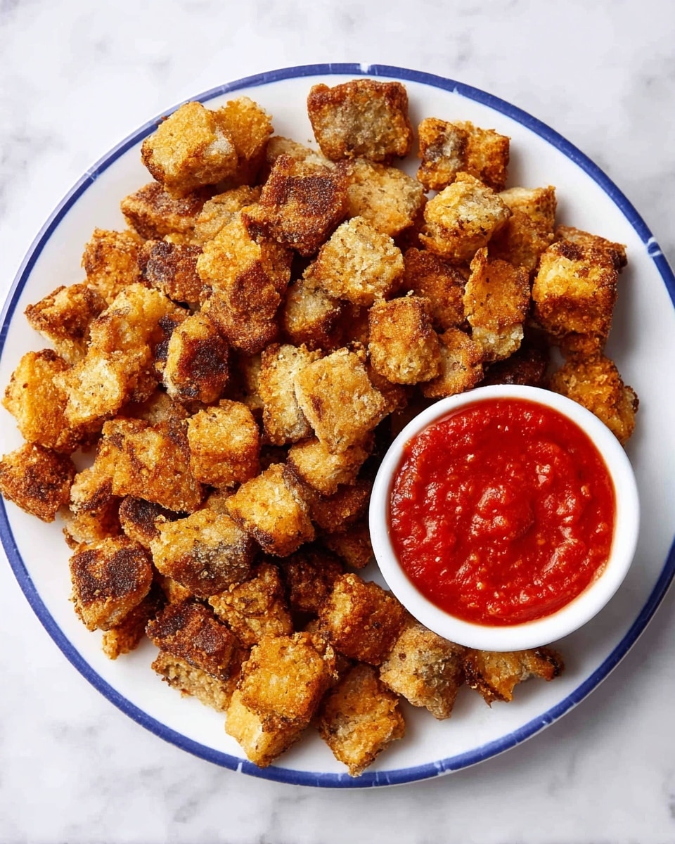 A round white plate with a blue rim is filled with many crispy, golden-brown fried cubes of food that have a rough, crunchy texture and some darker spots, showing a well-fried surface. On the right side of the plate, there is a small white bowl filled with bright red chunky dipping sauce, likely marinara or tomato-based, adding a smooth and slightly glossy texture contrast to the fried pieces. The plate sits on a white marbled surface, making the colors of the food stand out clearly. photo taken with an iphone --ar 4:5 --v 7