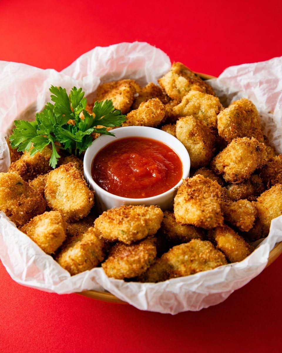 A white round basket lined with crumpled white parchment paper holds many small, golden-brown breaded and fried chicken nuggets with a crispy texture; in the center of the basket is a white round bowl filled with thick, bright red tomato-based dipping sauce, while a small bunch of fresh green parsley adds a pop of color to the left side of the basket, all set on a bright red background. photo taken with an iphone --ar 4:5 --v 7