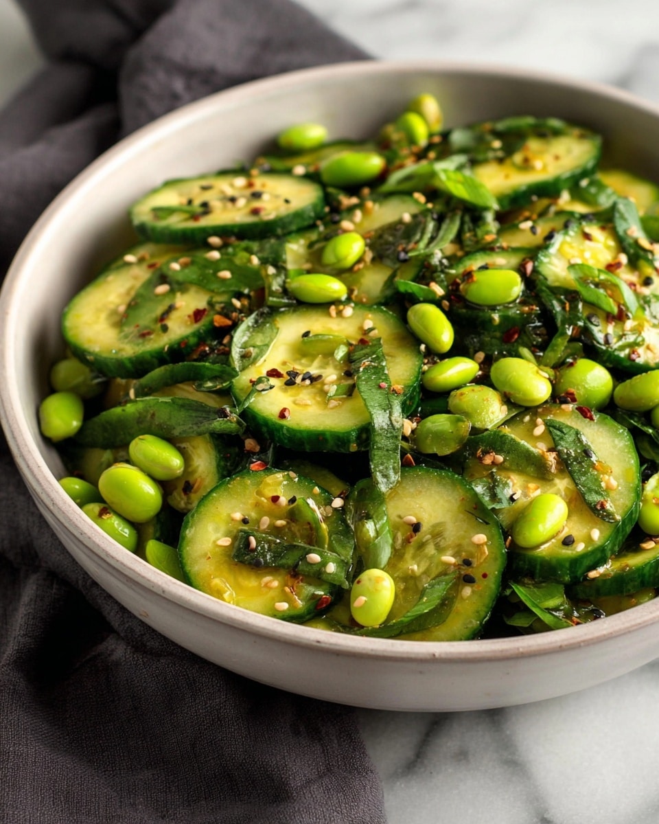 The image shows a bowl filled with a fresh cucumber salad. The salad has thick, green-edged cucumber slices layered with bright green edamame beans scattered on top. There are chopped green herbs and small pieces of green onion mixed throughout. Tiny black and white sesame seeds and red chili flakes are sprinkled over the salad, adding texture and color contrast. The bowl is white with a simple design, placed on a white marbled surface with a soft, dark cloth to the side. The salad looks lightly dressed with a glossy finish, making the colors vibrant and fresh. photo taken with an iphone --ar 4:5 --v 7