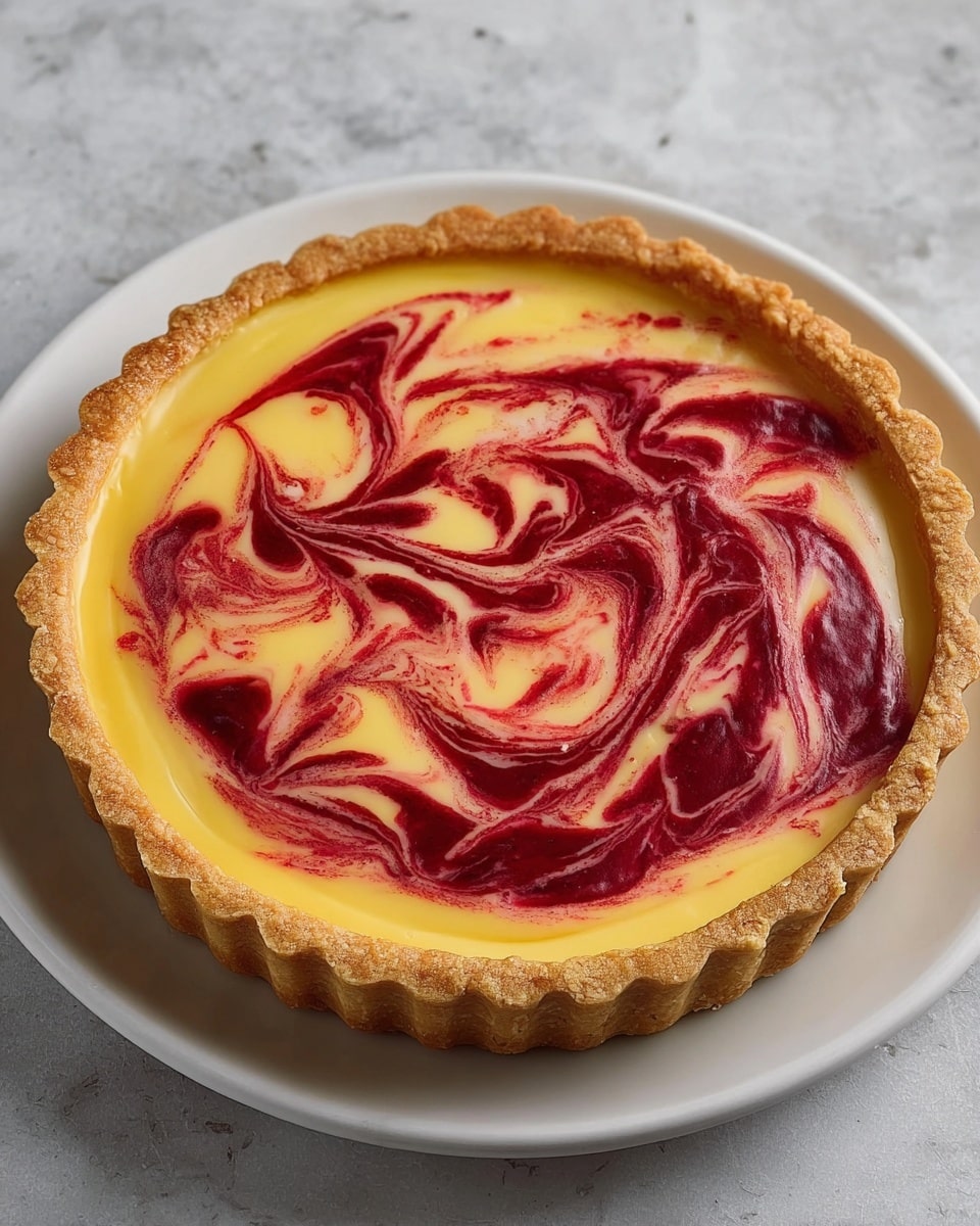 A round tart with a golden-brown flaky crust forming the outer edge, filled with two swirled layers of smooth, glossy filling; the base layer is bright yellow, creamy and thick, and the top layer is deep red with a velvety texture, artistically mixed to create swirling patterns across the surface. The tart is presented on a white plate resting on a white marbled surface. photo taken with an iphone --ar 4:5 --v 7