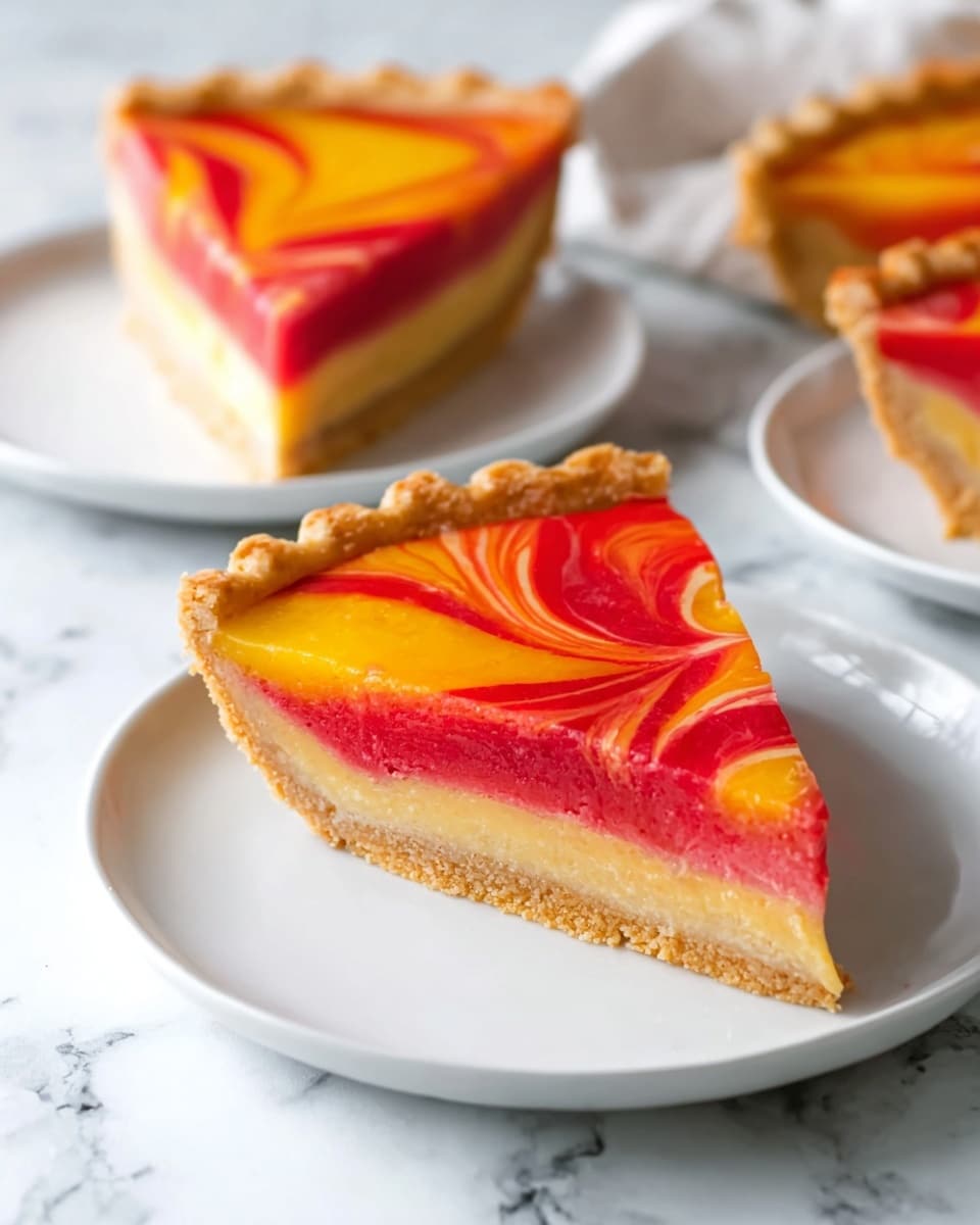 The image shows three white plates each holding a slice of colorful pie with three visible layers. The bottom layer is a light tan crust with a slightly scalloped edge. The middle layer is a thick, smooth, bright red filling. The top layer has swirled patterns of bright yellow and red, creating a glossy, marbled look with a shiny texture. The plates rest on a white marbled surface, adding a clean and simple background. Photo taken with an iphone --ar 4:5 --v 7