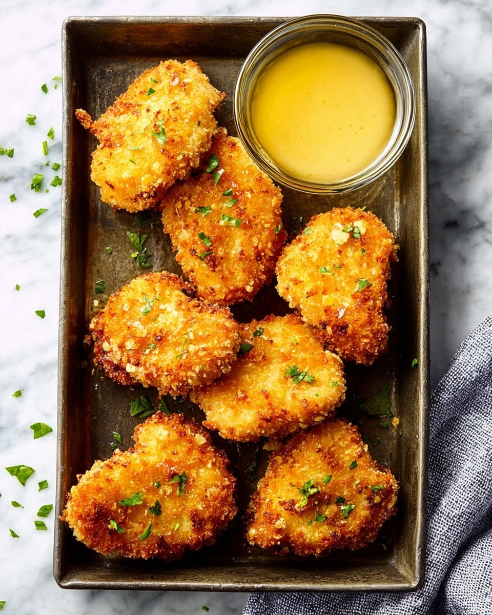 A dark rectangular metal tray holds seven pieces of golden-brown chicken nuggets with a crispy, textured coating, each sprinkled with small bits of chopped green herbs. In the top right corner of the tray, there is a small clear glass bowl filled with light yellow dipping sauce. The tray is placed on a white marbled surface with a striped cloth partially visible on the bottom right side. photo taken with an iphone --ar 4:5 --v 7