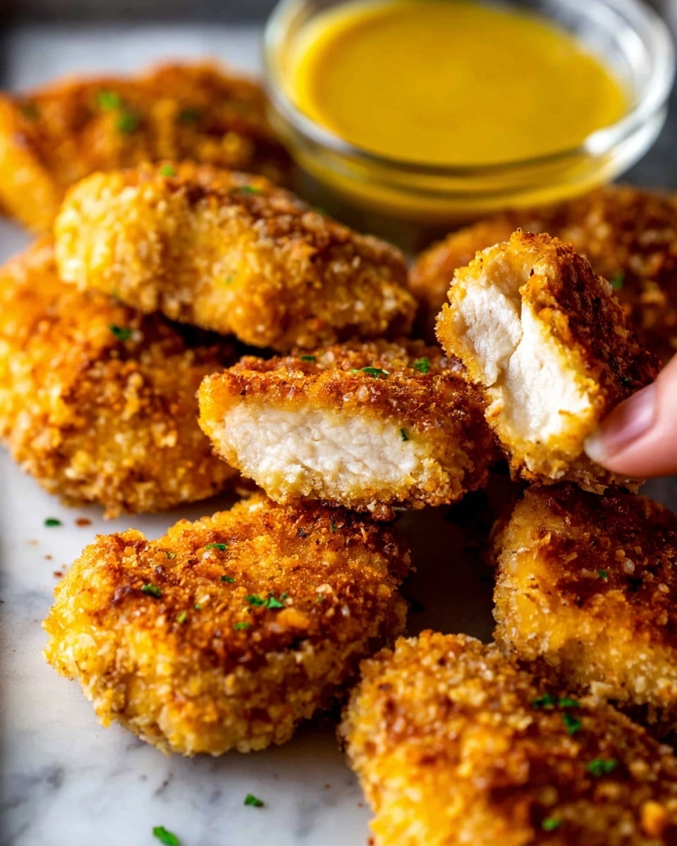 A close-up of several golden-brown breaded chicken nuggets arranged on a white marbled surface, each showing a crispy, textured outer layer. One nugget is broken in half and held by a woman's hand, revealing a soft, white, tender inside. Small green herb pieces are scattered on the nuggets, adding a touch of color. In the background, there is a small clear glass container filled with a thick yellow dipping sauce. The lighting highlights the crunchy texture and warm tones of the nuggets. photo taken with an iphone --ar 4:5 --v 7