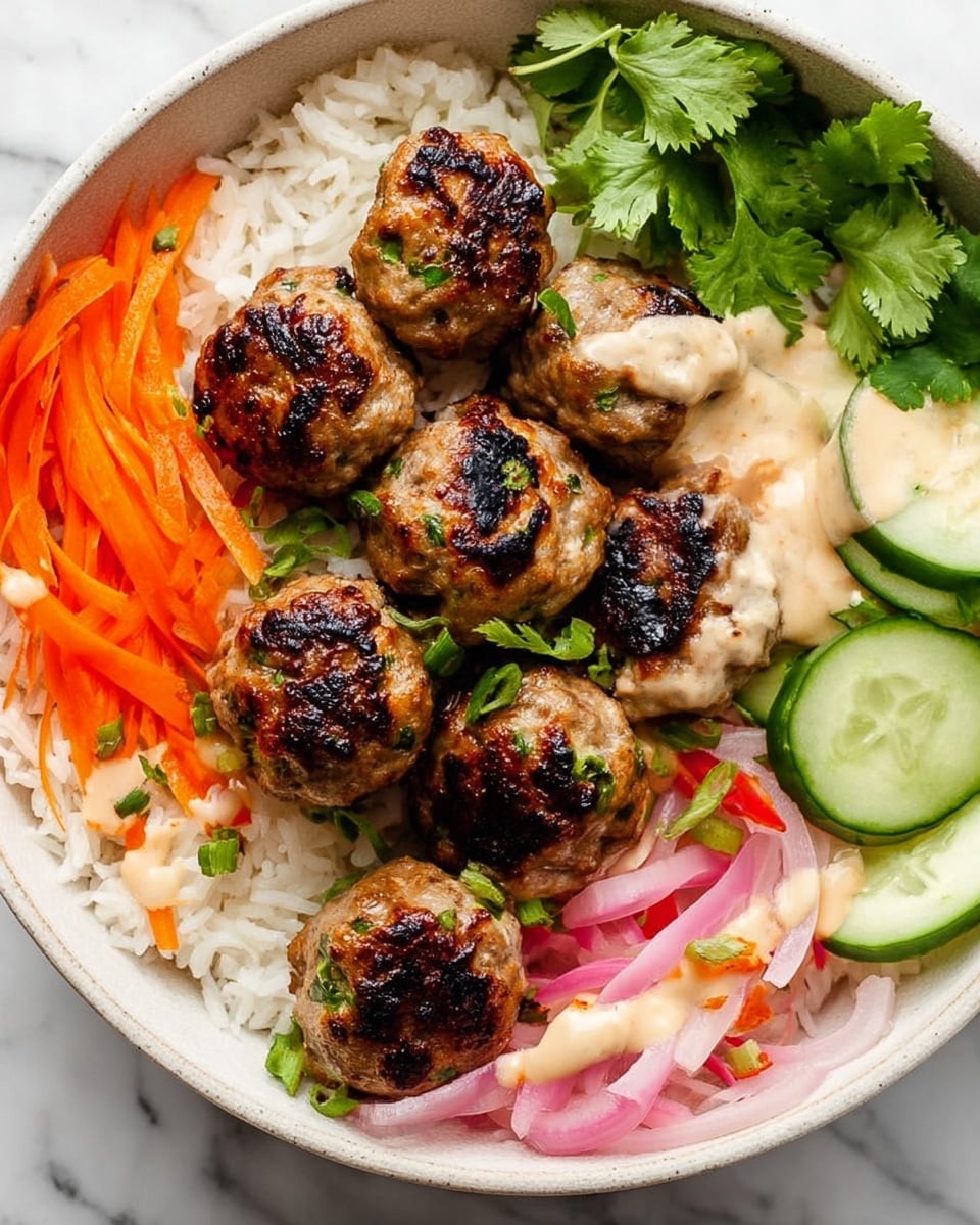 A white bowl filled with a base layer of fluffy white rice, topped with a cluster of golden-brown meatballs with slightly charred spots and green herb flecks. On one side, there are thin strips of bright orange carrots and pale pink pickled onions with a few red pepper strips, along with cucumber slices arranged neatly. Creamy light beige sauce is drizzled over some rice and meatballs, and fresh green cilantro leaves are scattered around the edges. The bowl sits on a white marbled surface. Photo taken with an iphone --ar 4:5 --v 7