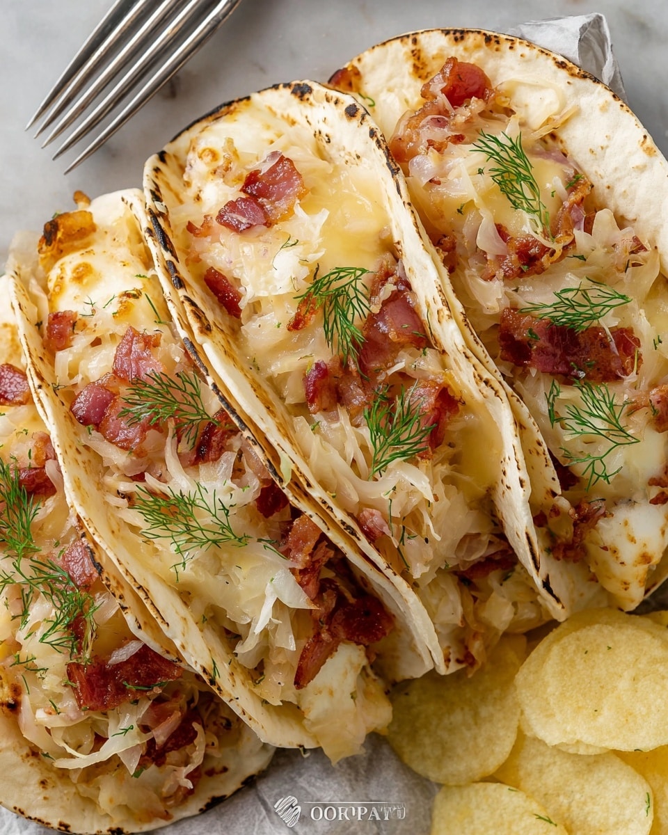 Three soft white tortillas are folded and filled with layers starting with melted pale yellow cheese covering crispy reddish-brown bacon, topped with shredded light beige sauerkraut and garnished with small green dill sprigs. The tacos are arranged close together on a white marbled surface, accompanied by pale yellow potato chips on the side. A metal fork is partially visible near the top left corner. photo taken with an iphone --ar 4:5 --v 7