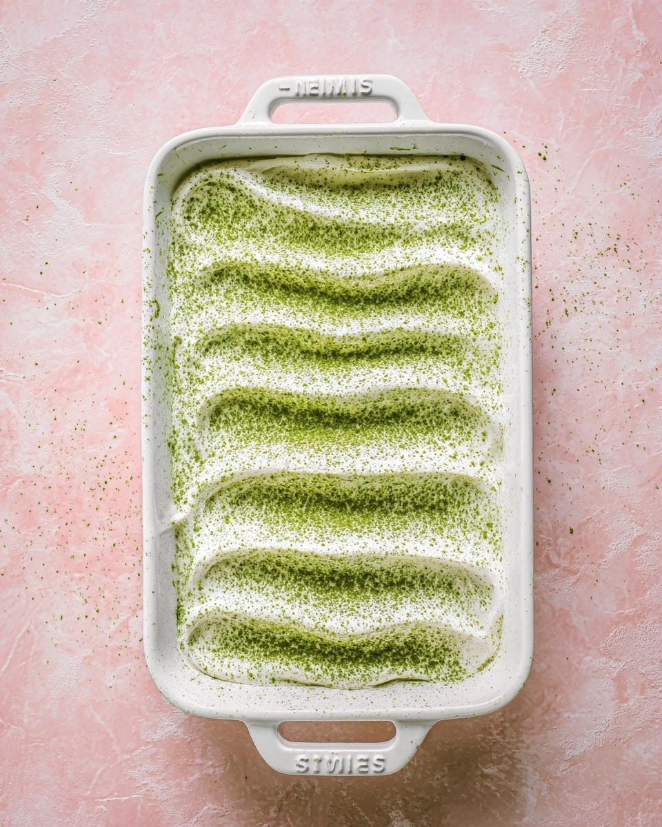 A white rectangular dish is filled with smooth white cream spread evenly to cover the entire surface. The cream is decorated with parallel, wavy ridges running horizontally across the dish, giving a soft texture. The top is sprinkled generously with a green powder, evenly dusted over the cream and the edges, with some of the powder scattered onto the pink surface beneath, which is changed to a white marbled texture. The dish itself has handles on both ends with the brand name embossed on them. Photo taken with an iphone --ar 4:5 --v 7