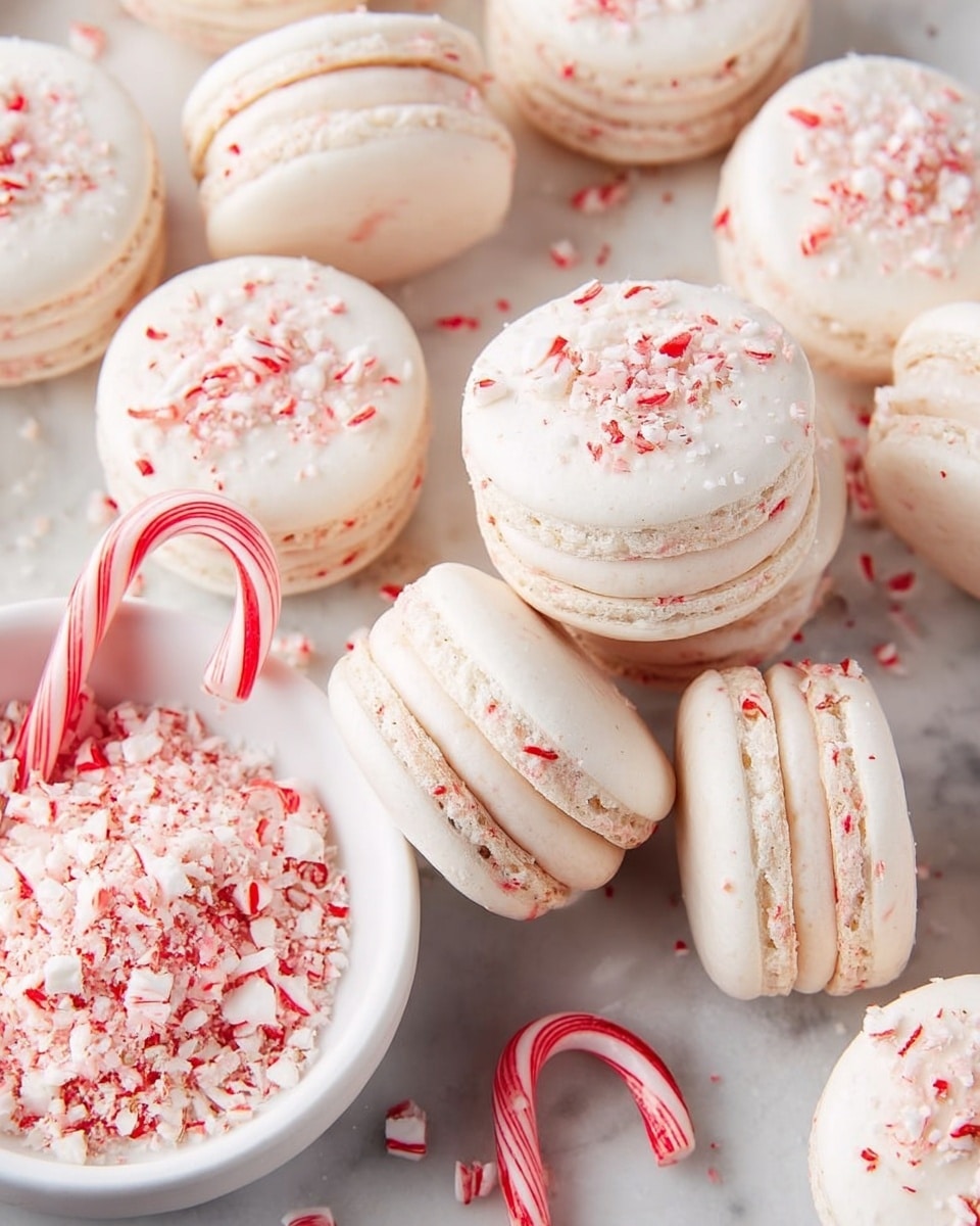 A close-up image of round, white macarons arranged on a white marbled surface. Each macaron has two smooth, slightly shiny shells with a pale pink creamy filling in between. The macarons are sprinkled with small pieces of crushed red and white peppermint candy on top and along the filling edges. A white bowl filled with crushed peppermint candy is placed near the macarons, with a whole red and white striped candy cane resting inside it. The surface and overall scene have a soft, bright light with a festive winter feel. Photo taken with an iphone --ar 4:5 --v 7