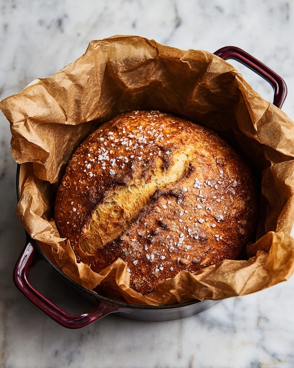 A round, golden-brown bread with a rough textured crust sits in a dark baking pot lined with crumpled brown parchment paper that rises above the edges of the bread. The bread's top is sprinkled with coarse sea salt, and it has a central cut on the surface showing an inner fluffy texture. The baking pot has two red handles and is placed on a white marbled background. photo taken with an iphone --ar 4:5 --v 7