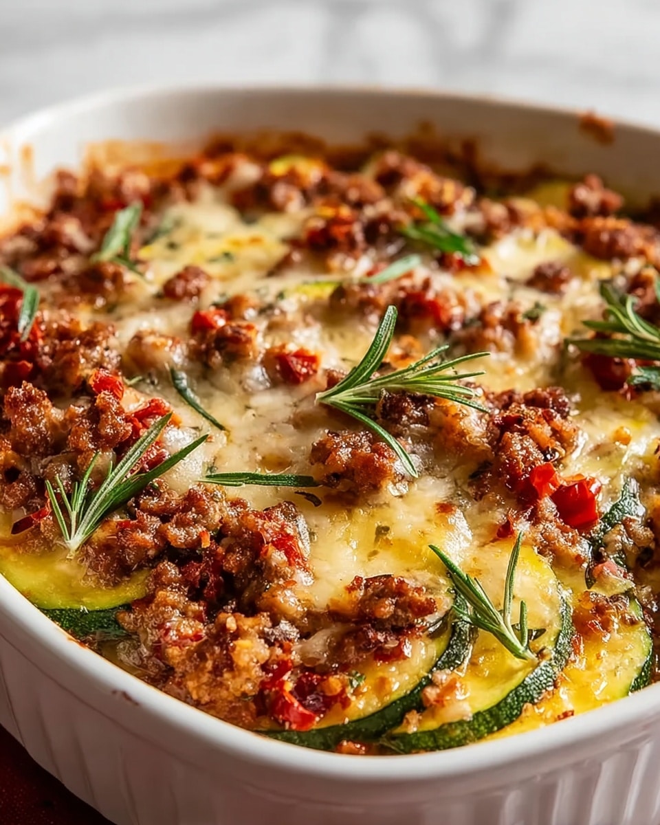 The image shows a baked dish in a white ceramic oval dish with multiple layers visible: a base layer of golden cooked zucchini slices with a soft texture, topped with a layer of browned crumbled sausage pieces that appear crispy, scattered with small bright red bits, likely roasted red peppers or tomatoes; melted cheese covers the top, golden and gooey, blending with the sausage, and fresh green herb sprigs, possibly rosemary or thyme, are sprinkled over the surface for garnish. The dish sits on a white marbled texture. photo taken with an iphone --ar 4:5 --v 7